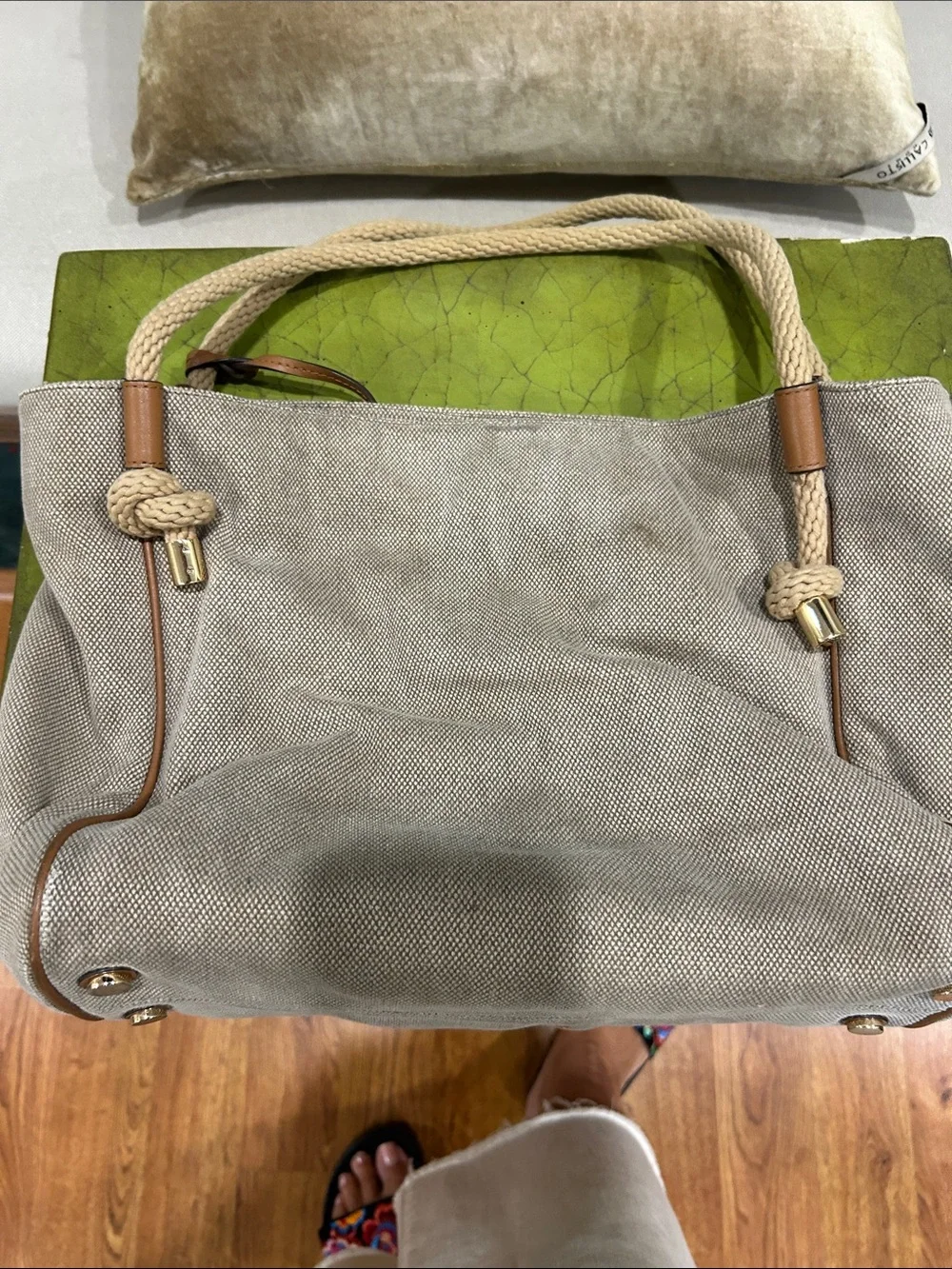 Michael Kors Natural Canvas Rope-Handle Hobo with Gold Logo Charm